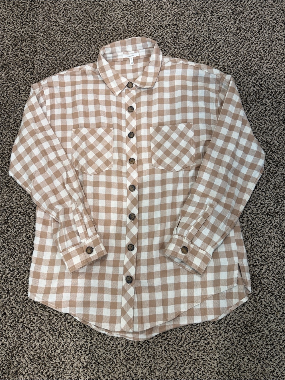 Maurices Beige and White Gingham Button-Down Shirt